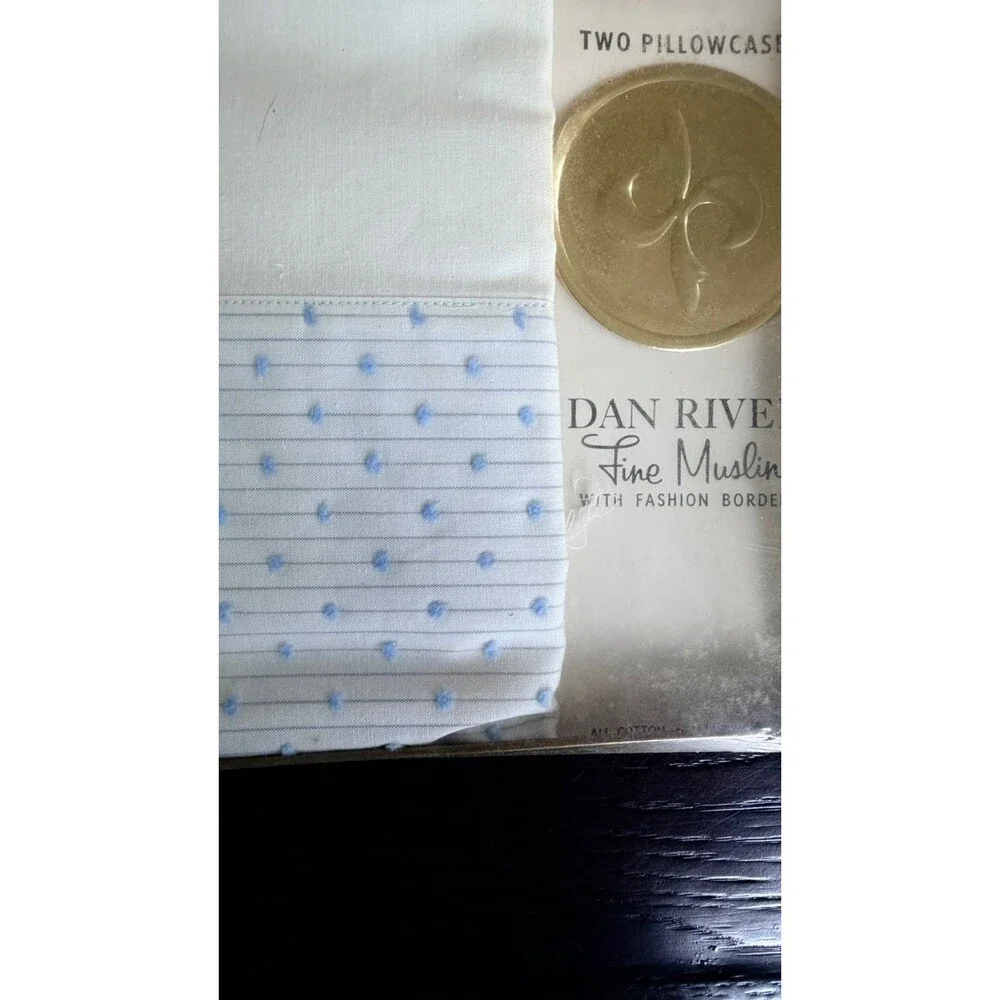 VTG Dan Rivers Pillowcases Blue Embroidered Starburst Box MCM NOS Estate